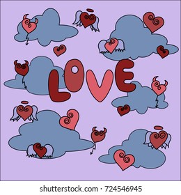 vector romantic holiday illustration card with text love, blue clouds, colorful red,pink hurts on purple background