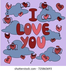 vector romantic holiday illustration card with text  I love you, blue clouds, colorful 
silhouette red,pink hurts with black contour on purple background