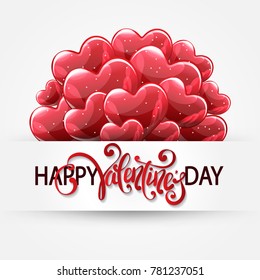 Vector romantic holiday illustration of red helium glossy balloon hearts, "Hapy Valentine's Day" lettering. Valentines Day, wedding invitation, 