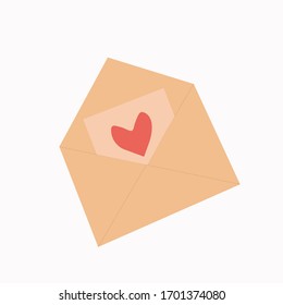 Icono vectorial romántico del sobre. El sobre contiene una carta con corazón. Ilustración de un sobre de amor en un estilo plano