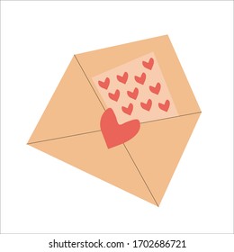 Vector romantic icon of the envelope. The envelope contains a card with a heart. Illustration of a love envelope in a flat style