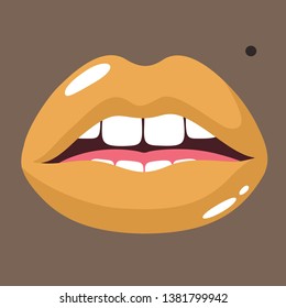 Vector romantic icon lips of a black-skinned woman. Sexy female lips with yellow lipstick. Illustration of fashionable female lips in flat minimalism style.