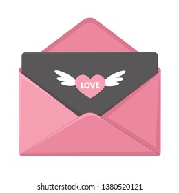 Vector romantic icon of love envelope with letter. The envelope is pink. The postcard draws a heart with wings and the text: Love. Illustration of romantic letter envelope in flat minimalism style.