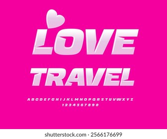 Vector romantic icon Love Travel with decorative Heart. Exclusive White Font, Beautiful Glossy Alphabet Letters and Numbers set
