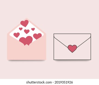 Vector romantic icon pink envelope. In the envelope is a card with a heart. Illustration of a love letter in flat style