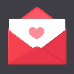 Vector Romantic Icon Red Envelope. In The Envelope Is A Card With A Heart. Illustration Of A Love Letter In Flat Style.
