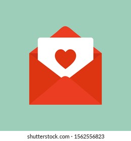 Vector romantic icon red envelope. In the envelope is a card with a heart. Illustration of a love letter in flat style.Cute cartoon flat love envelope icon. 