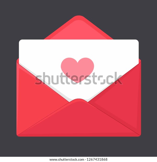 Vector\
romantic icon red envelope. In the envelope is a card with a heart.\
Illustration of a love letter in flat\
style.