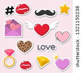 Vector romantic icons of love stickers. On the stickers are hearts, lips, ring, star, diamond and mustache. Illustration of love stickers in flat minimalism style.