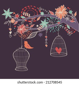 Vector romantic illustration with bird out of cages, branch and flowers. Freedom concept card.