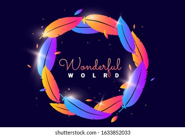 Vector romantic illustration of bright color feather wreath with glitter and sparkle on dark background. Flat style design with word for wedding card, valentine day poster, invitation, greeting card