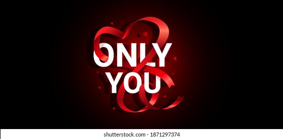 Vector romantic illustration of curly red realistic heart ribbon with words of love on dark background. Design for holiday Valentine's Day greeting card, horizontal banner, invitation
