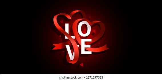 Vector romantic illustration of curly red realistic heart ribbon with word love on dark background. Design for holiday Valentine's Day greeting card, banner, invitation