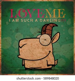 Vector romantic illustration with cute cartoon goat.