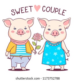 Vector romantic illustration of cute couple cartoon pig with pink cheeks and ears. Hand drawn line art style design of symbol of the new year 2019 for web, site, greeting card, sticker, t-shirt print