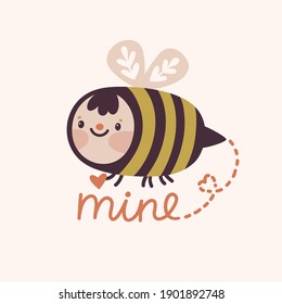 Vector romantic illustration with cute smiling bee and heart. Childish cartoon character. "Be mine" concept. Greeting card for St. Valentine's day.
