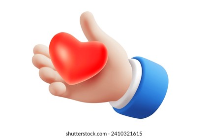 Vector romantic illustration of gesture hand in sleeve hold red heart on white color background. 3d style design of man white skin hand give heart for web, health care banner, love poster, print