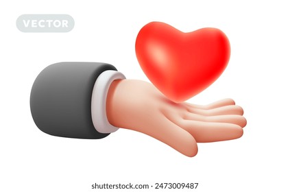 Vector romantic illustration of gesture hand in sleeve hold red heart on white color background. 3d style design of man white skin hand give heart for web, health care banner, love poster, print