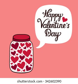 Vector romantic illustration of a glass jar with hearts and hand written text "Happy Valentine's day". Pink background with cute elements, speech bubble and text.