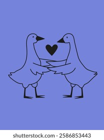 Vector romantic illustration with goose couple holding wings together and heart. Love Valentine's day greeting card template, apparel print design, wall decoration poster