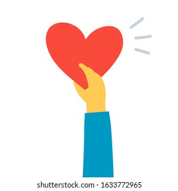 Vector romantic illustration of hand holding and giving red shape heart on white background. Flat style charity and donation design of sharing love heart for Valentine's Day greeting card, web, banner