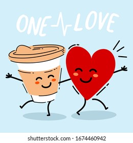 Vector romantic illustration of happy coffee cup and heart character together on blue background. Coffee drink is good for the heart. Flat line art style design of fast food for web, party poster