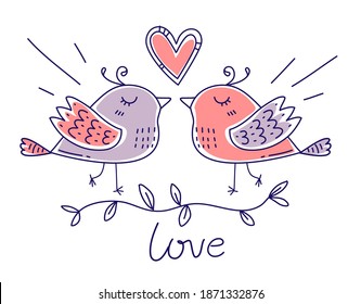 Vector romantic illustration of happy couple doodle bird with heart and word love on white color background