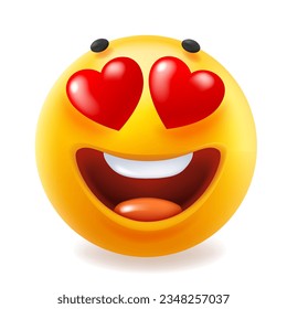 Vector romantic illustration of happy fun yellow color emoticon with red heart shaped eyes and tongue on white background. 3d vector style design of funny fall in love emoji for valentine day card