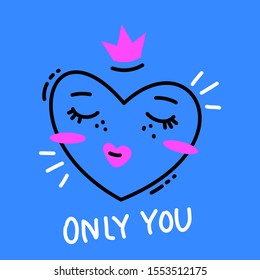 Vector romantic illustration of heart with eye and pink crown on blue color background with text. Line art style design for web, site, banner, greeting card, sticker