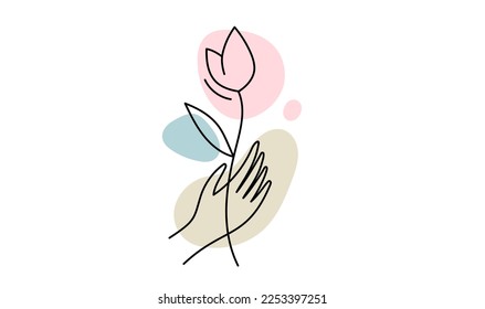 Dibujo vectorial romántico de la mano humana sostiene la flor sobre fondo de color blanco. Diseño romántico de flor de estilo de arte de línea plana para web, sitio, banner, afiche, impresión