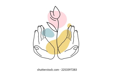 Vector romantic illustration of human hand and flower on white color background. Flat line art style romance design of flower care for web, site, banner, poster, print