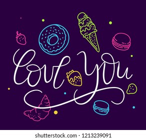 Vector romantic illustration of inscription love you with line art style color sweet on dark background. Web, site, card, poster text design