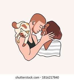 Vector romantic illustration of lovely couple. Concept of positive emotion, love, connection between loved people. Image for graphic, web, print.