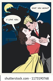 Vector Romantic Illustration with Lovers, Full Moon and Night Landscape
