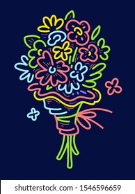 Vector romantic illustration of neon color beautiful bouquet of flowers on black background. Line art style summer design for web, site, banner, greeting card, poster