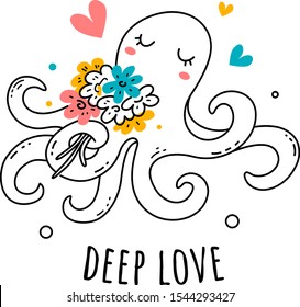 Vector romantic illustration of octopus with bouquet of flowers on white color background. Line art style summer design for web, site, banner, greeting card, poster