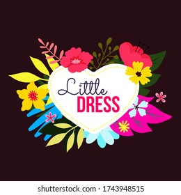 Ilustración vectorial romántica sobre fondo negro. Planta floral brillante con hermosas hojas tropicales y flor alrededor del marco cardíaco con texto. Diseño de estilo plano del afiche de flores, tarjeta de saludo