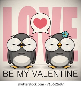 Vector romantic illustration with penguin characters.