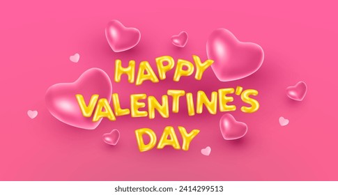 Vector romantic illustration of pink color heart and golden word happy valentine day. 3d style holiday design of letter with heart on pink background for love web, site, banner, greeting card, poster