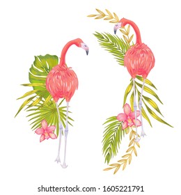 Vector romantic  illustration of pink flamingo bird with pink orchid flower, bamboo leaves, areca palm, fan palm.