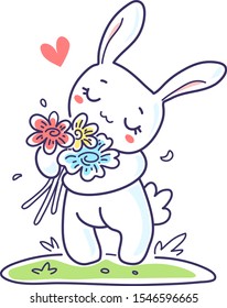 Vector romantic illustration of rabbit with beautiful bouquet of flowers on white color background. Line art style summer design for web, site, banner, greeting card, poster