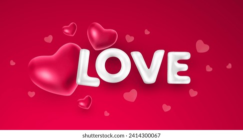 Vector romantic illustration of red color heart with white letter love. 3d style holiday design of word love with heart on red background for Happy Valentine day web, site, banner, greeting card