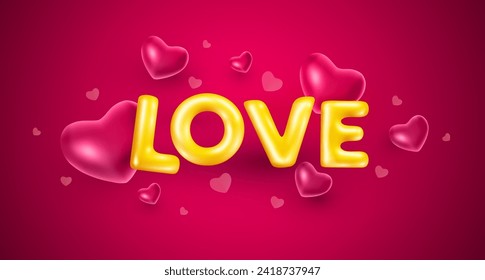 Vector romantic illustration of red color heart with golden word love. 3d style holiday design of word love with heart on red background of Happy Valentine day web, site, banner, romance greeting card