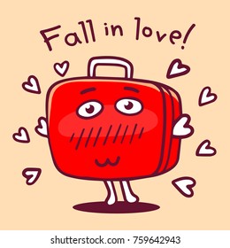 Vector romantic illustration of red color character in love suitcase on pink background with hearts. Valentine day sticker. Doodle style. Flat line art style design of lovely character