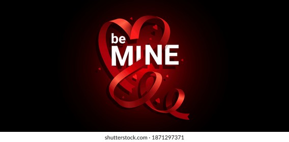 Vector romantic illustration of red realistic heart ribbon with words of love on dark background with hearts. Design for holiday Valentine's Day greeting card, banner, invitation