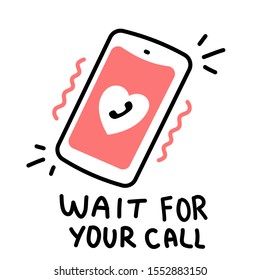 Vector romantic illustration of ringing phone with text on white color background. Line art style design for web, site, banner, greeting card, sticker