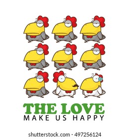 Vector romantic illustration with rooster character.