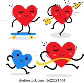Vector romantic illustration of set of happy red heart character in different pose on white background. Flat style design for Valentine's Day greeting card, web, site, banner, poster, sticker