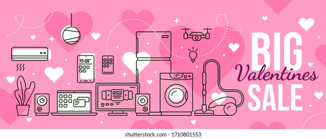 Vector romantic illustration of set of household appliances on pink background with heart. Sale of home domestic electronic appliances. Line art style design for web, valentine day sale banner