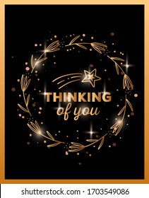 Vector romantic illustration of template with round golden color flower wreath and inscription on black background with star. Flat line art style design of beautiful flower frame for poster, card